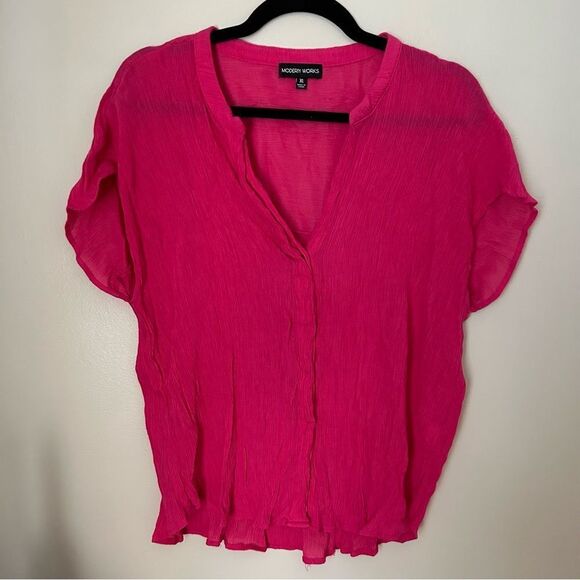 Modern Works Blouse Short Sleeve Pink V-Neck Button Down Business Casual - Picture 9 of 9